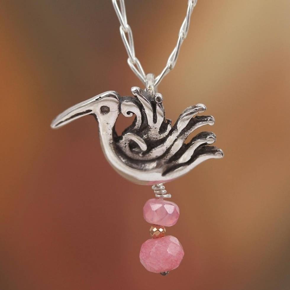 Pink Agate Bird Pendant Necklace from Mexico 'Precious Liberty'