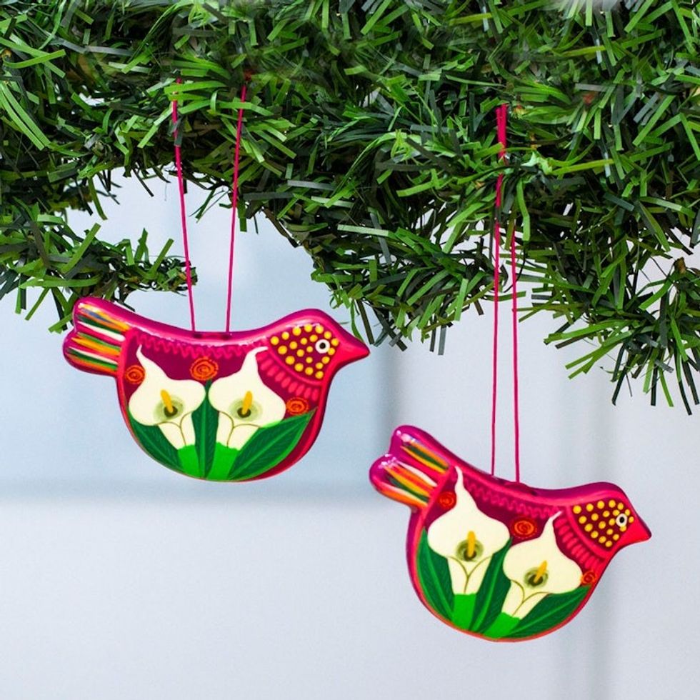 Handcrafted Fuchsia Ceramic Peace Dove Ornaments Pair 'Bright Bird Joy'