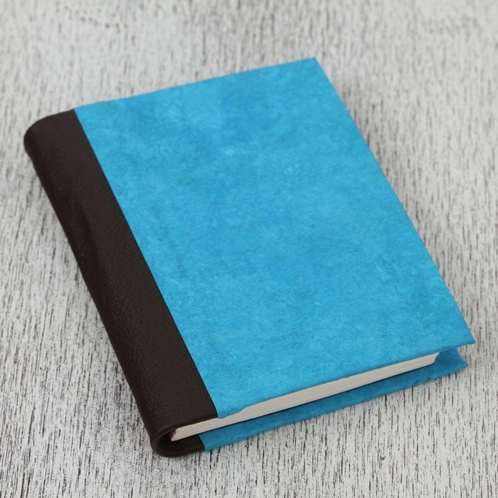 Leather Accent Recycled Paper Journal in Blue from Mexico 'Sky Memories'