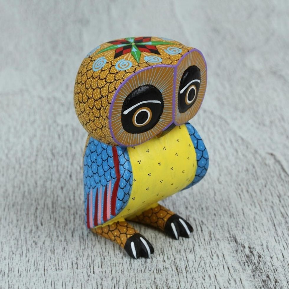 Mexican Hand Decorated Copal Wood Owl Alebrije Sculpture 'Dream Owl'