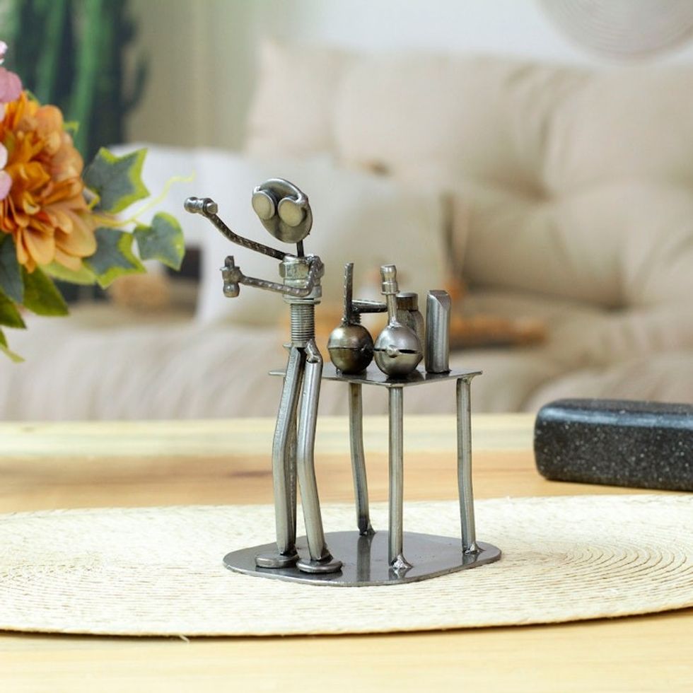 Collectible Recycled Metal Sculpture Handmade in Mexico 'Rustic Scientist'