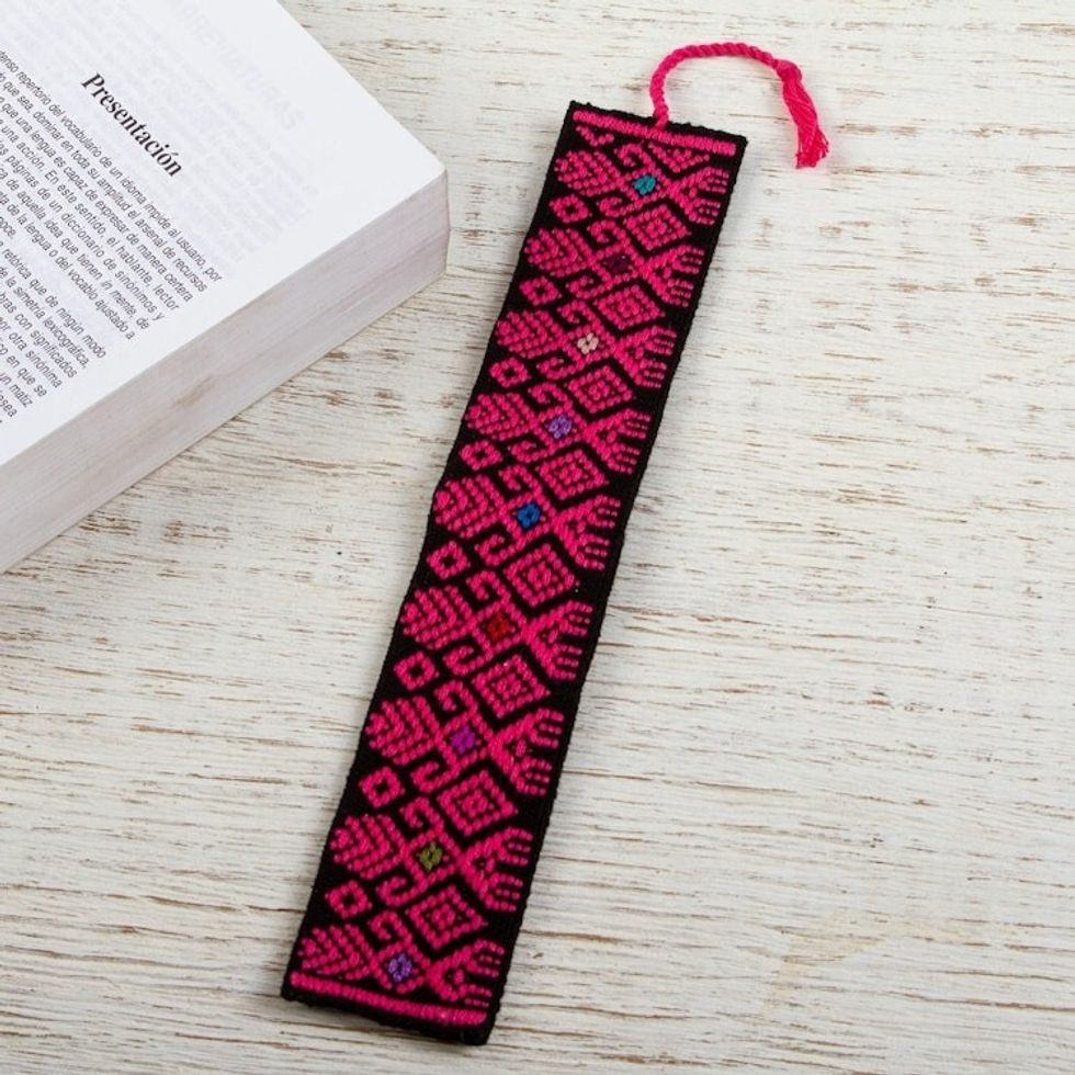 Hand Crafted Pink on Black Embroidered Cotton Bookmark 'Pink Dancers'
