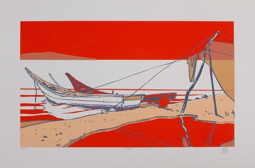 Bold Red-Orange Silkscreen Print of Mexico's Lake Chapala 'Chapala'