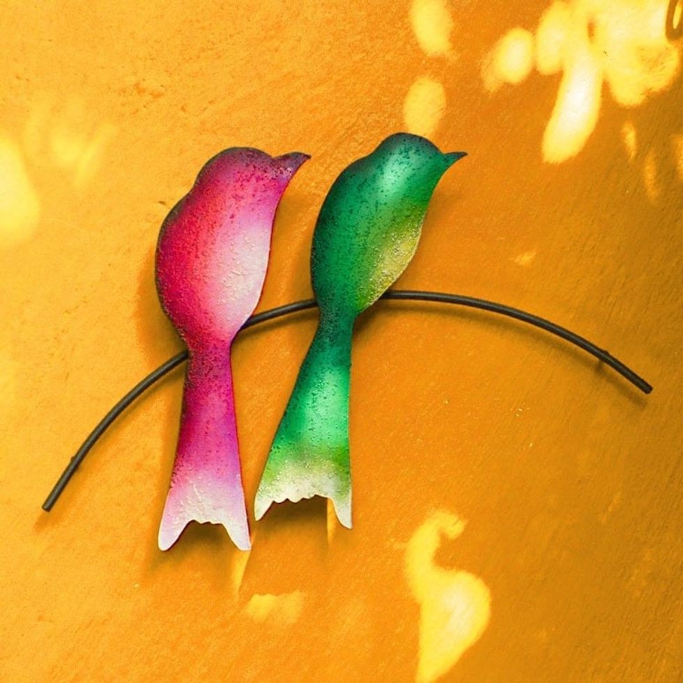 Steel Wall Sculpture of Two Colorful Birds from Mexico 'Avian Friends'