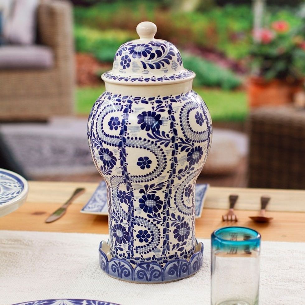 Authentic Mayolica Ceramic Vase and Lid from Mexico 'Path to Puebla'