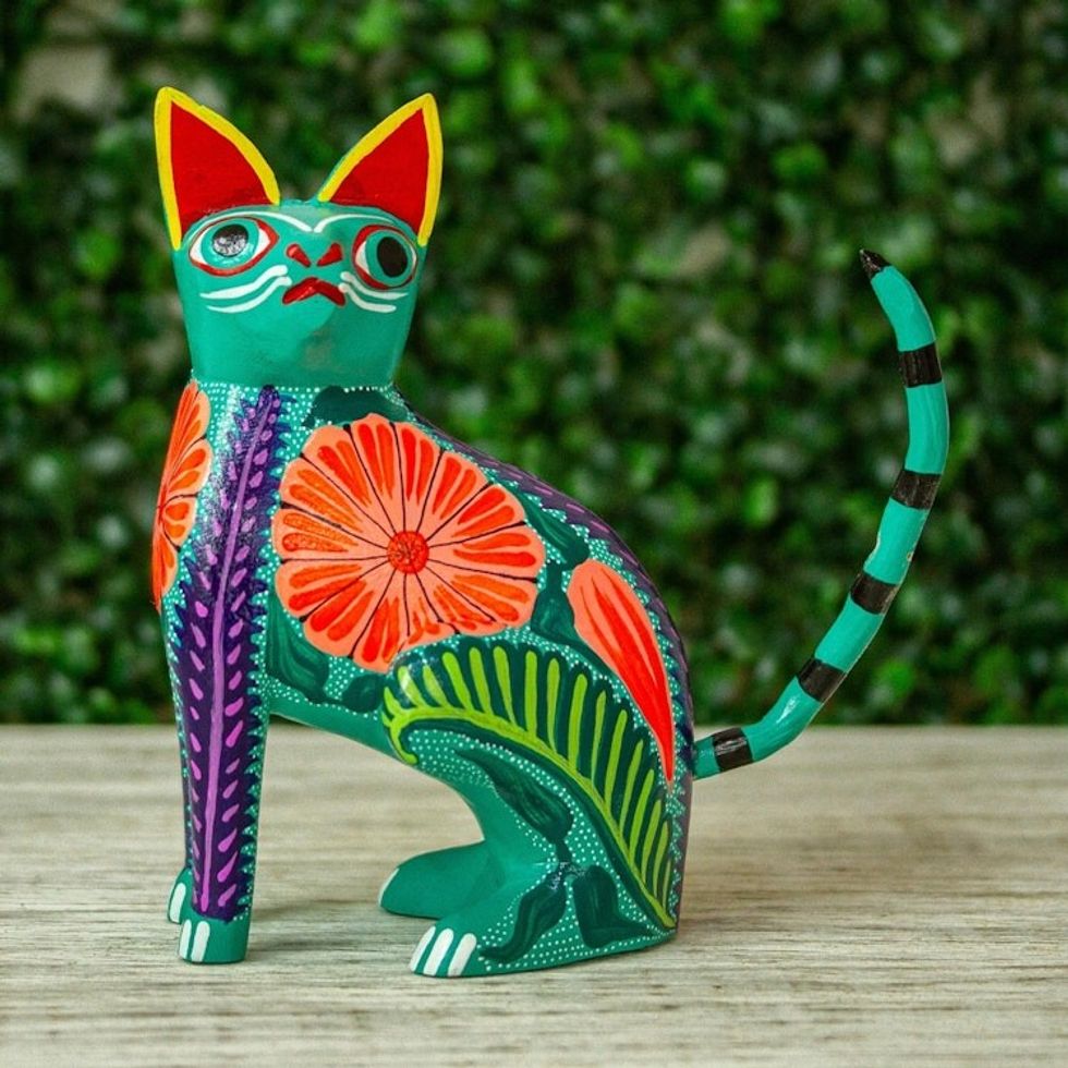 Handcrafted Copal Wood Alebrije Cat Figurine from Mexico 'Floral Feline'
