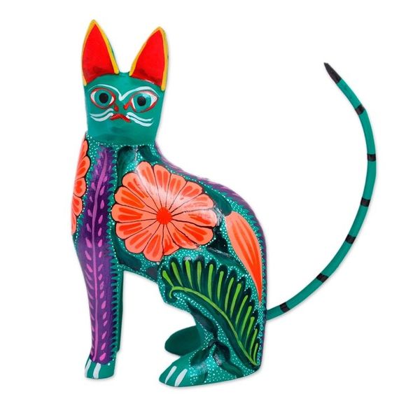 Alternate image for Handcrafted Copal Wood Alebrije Cat Figurine from Mexico Floral Feline
