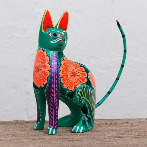 Alternate image for Handcrafted Copal Wood Alebrije Cat Figurine from Mexico Floral Feline
