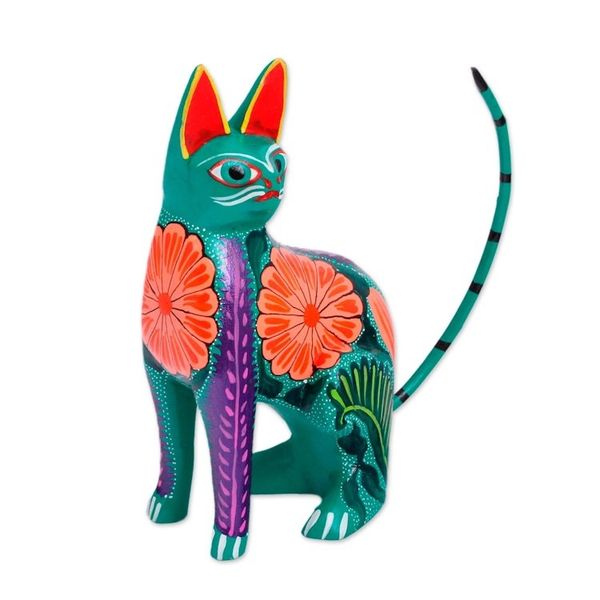 Alternate image for Handcrafted Copal Wood Alebrije Cat Figurine from Mexico Floral Feline
