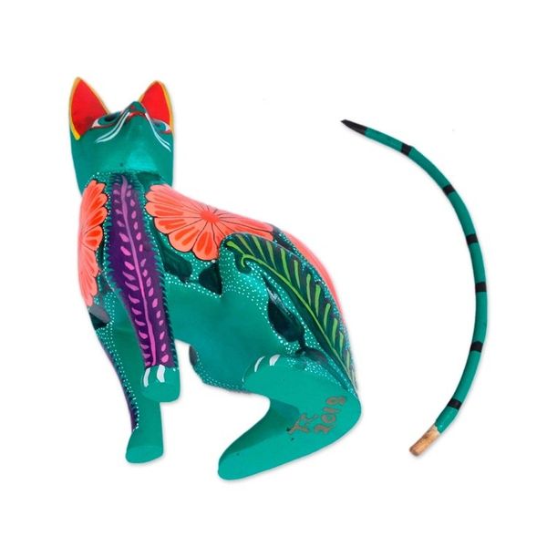 Alternate image for Handcrafted Copal Wood Alebrije Cat Figurine from Mexico Floral Feline
