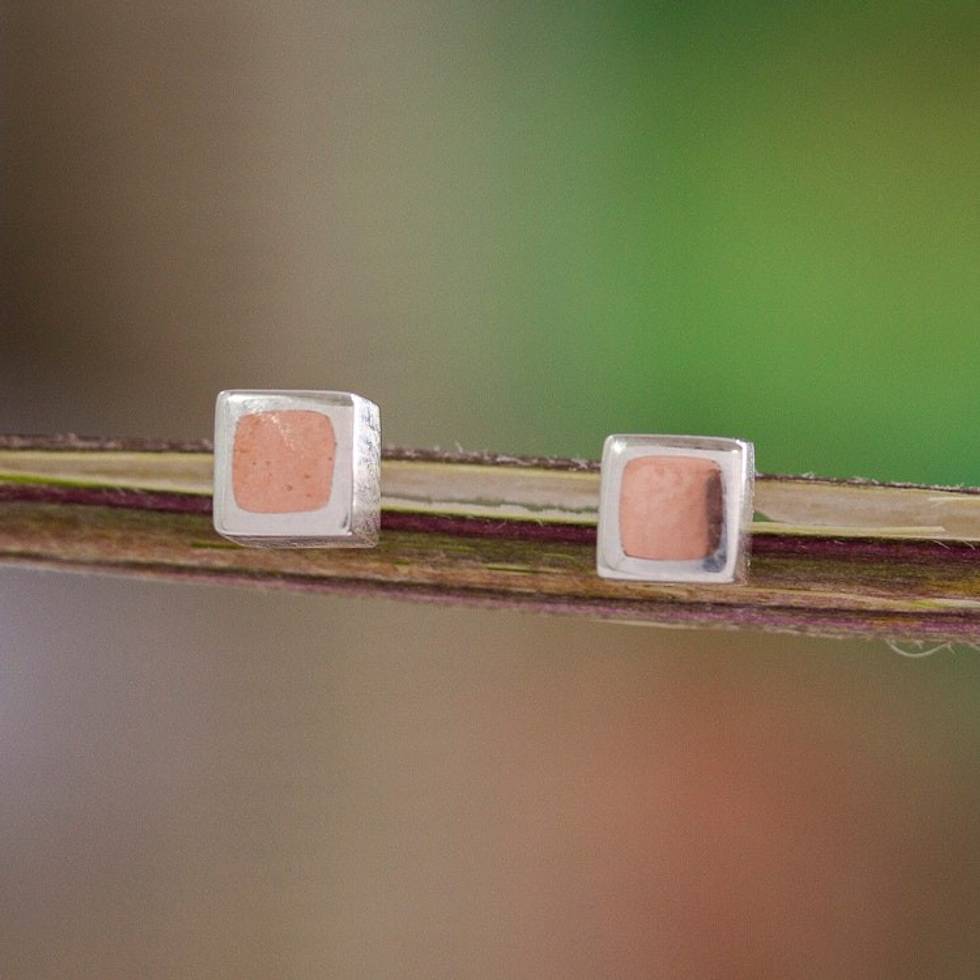 Copper on Sterling Silver Square Earrings from Taxco Jewelry 'Square Spark'