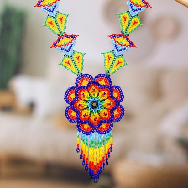 Alternate image for Floral Design Huichol Glass Beaded Necklace from Mexico Large Huichol Flower