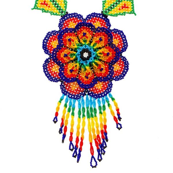 Alternate image for Floral Design Huichol Glass Beaded Necklace from Mexico Large Huichol Flower
