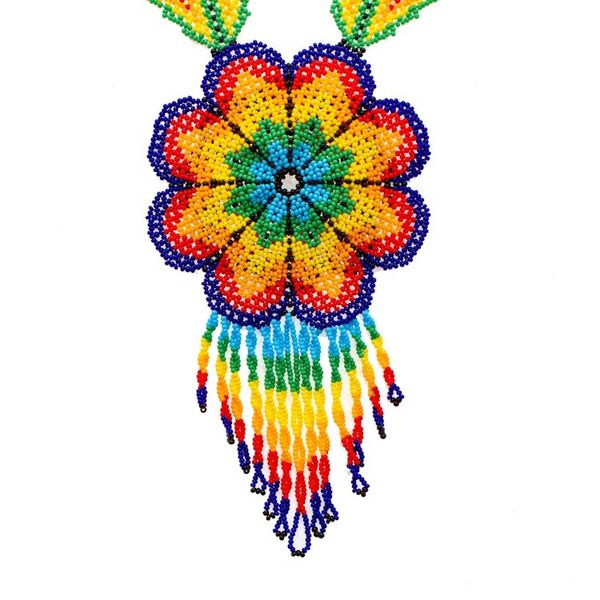 Alternate image for Floral Design Huichol Glass Beaded Necklace from Mexico Large Huichol Flower