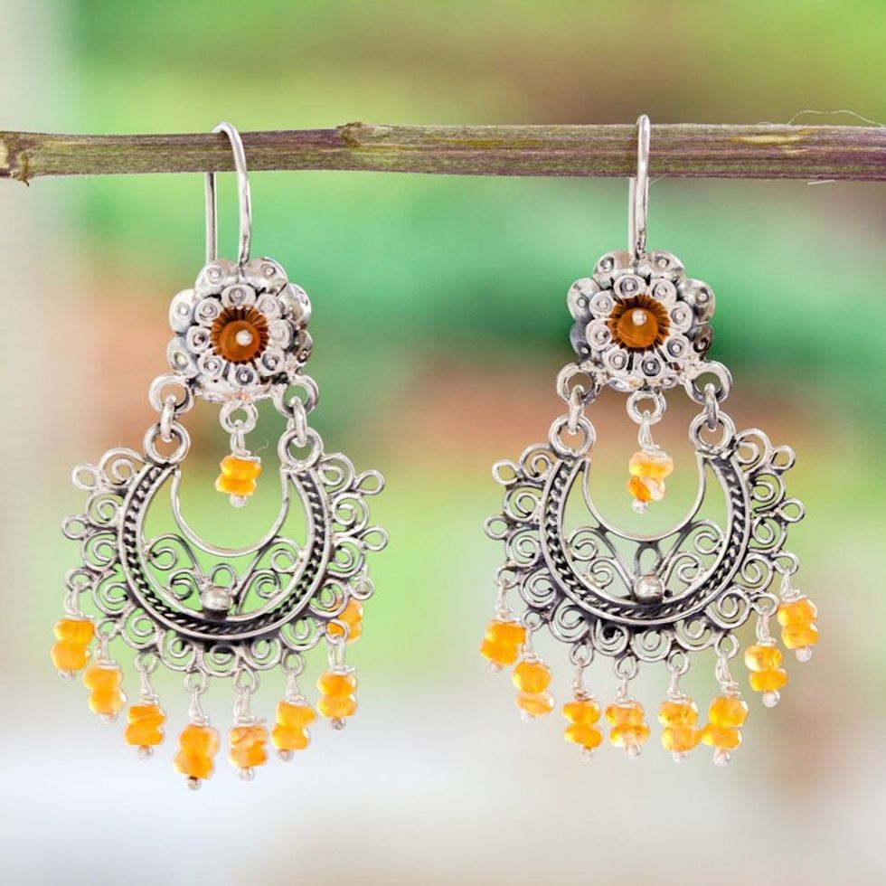 Floral Carnelian Chandelier Earrings from Mexico 'Blooming Elegance'