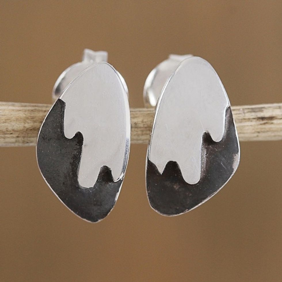 Combination Finish Sterling Silver Stud Earrings from Mexico 'Mountain Summits'