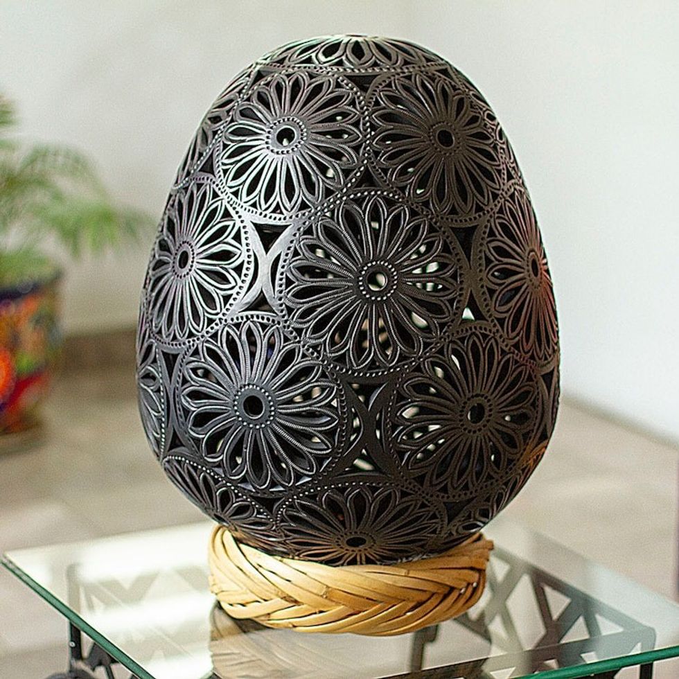 Large Oaxaca Black Pottery Floral Egg Shaped Sculpture 'Floral Egg'