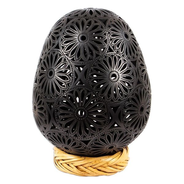 Alternate image for Large Oaxaca Black Pottery Floral Egg Shaped Sculpture Floral Egg