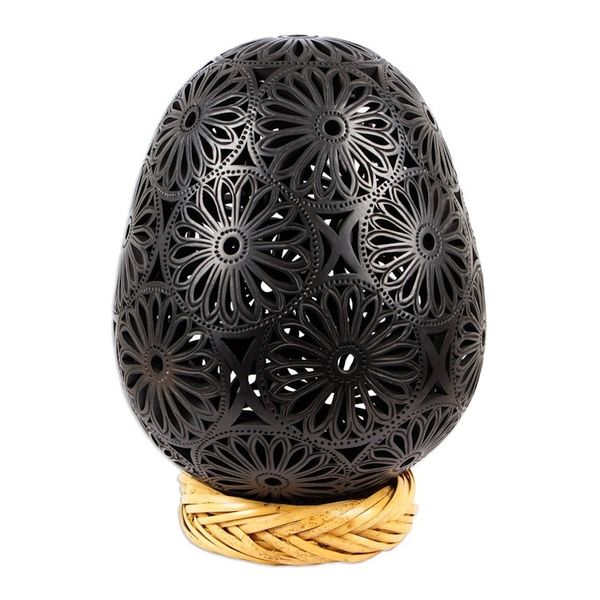 Alternate image for Large Oaxaca Black Pottery Floral Egg Shaped Sculpture Floral Egg