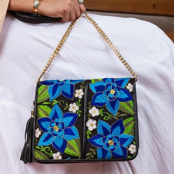 Alternate image for Leather Accented Cotton Sling with Blue Floral Embroidery Yucatan Flowers