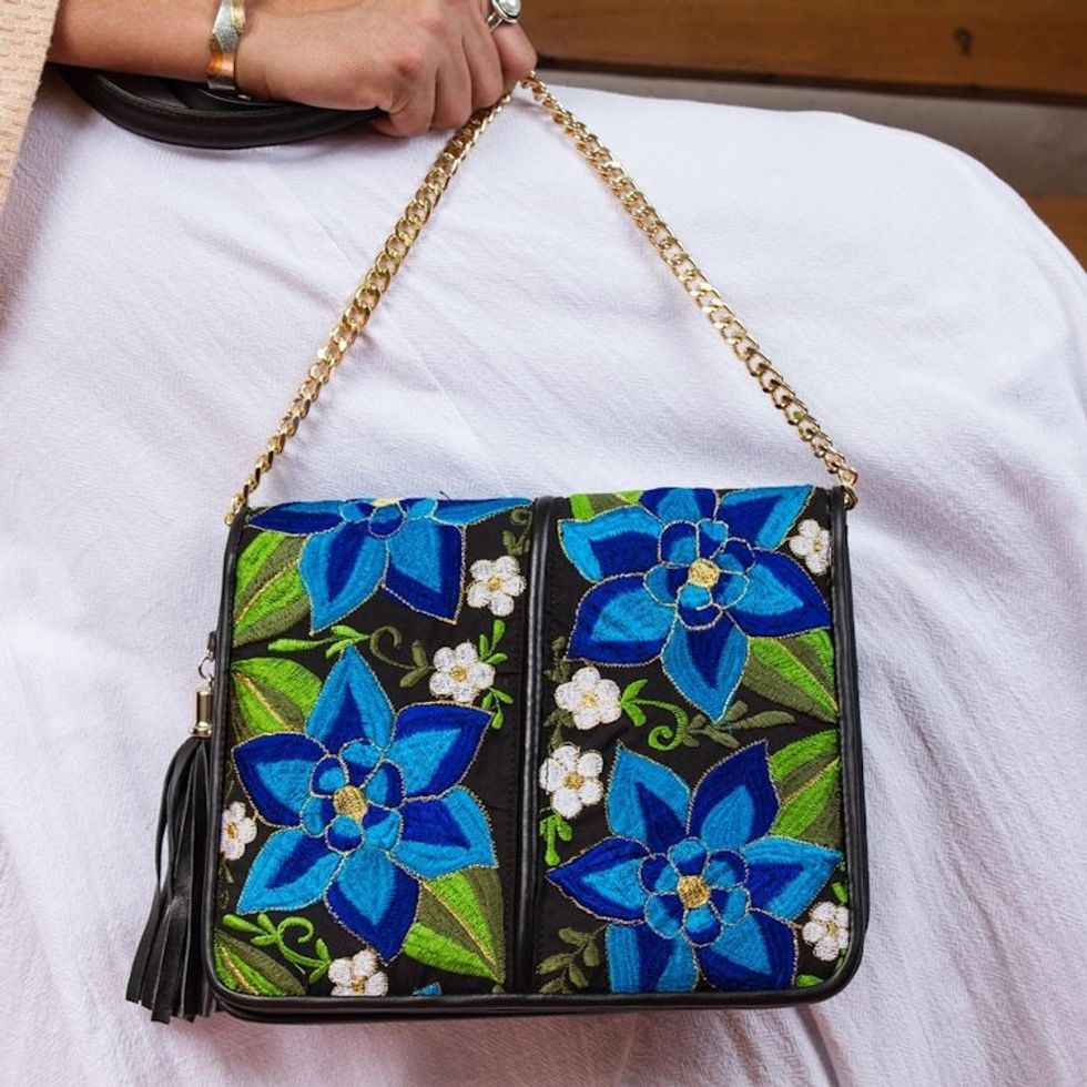 Leather Accented Cotton Sling with Blue Floral Embroidery 'Yucatan Flowers'