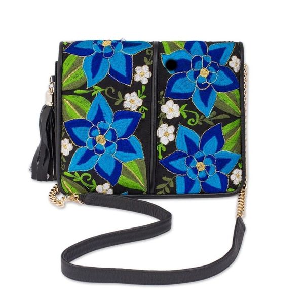 Alternate image for Leather Accented Cotton Sling with Blue Floral Embroidery Yucatan Flowers