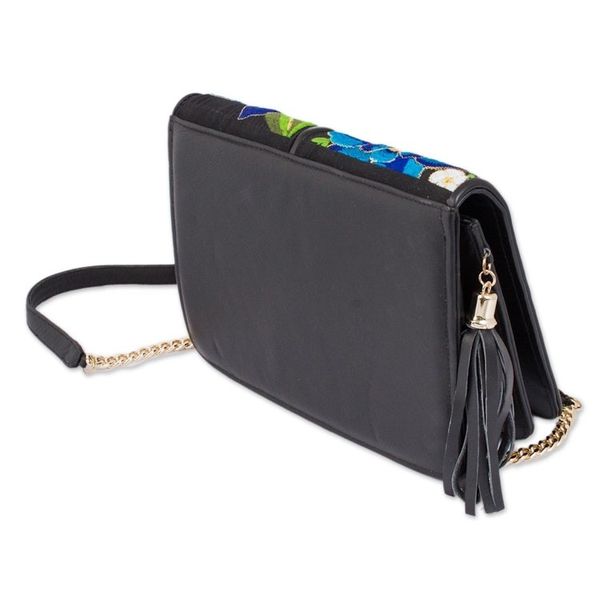 Alternate image for Leather Accented Cotton Sling with Blue Floral Embroidery Yucatan Flowers