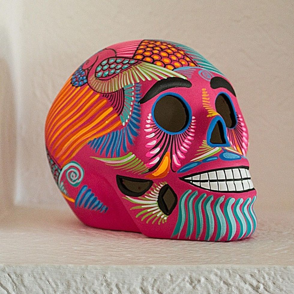 Pink Decorative Hand Painted Ceramic Skull from Mexico 'Death and Tradition'