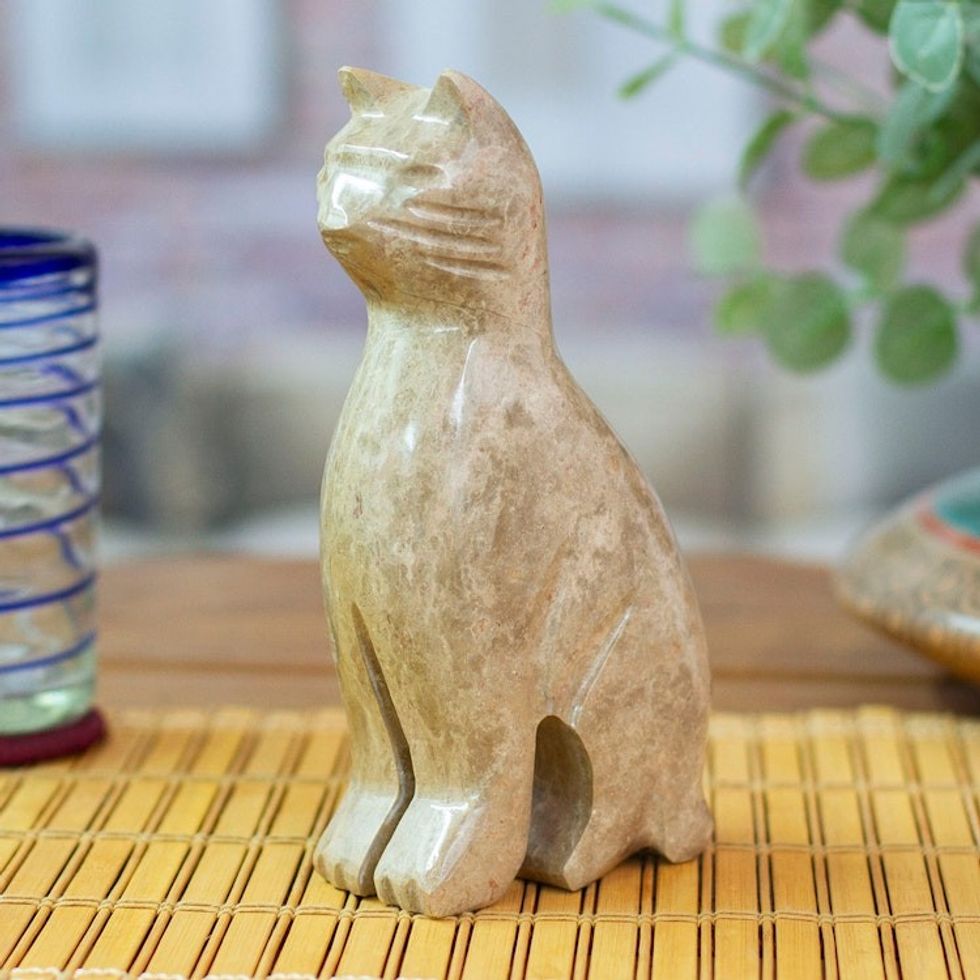 Marble Cat Sculpture in Beige from Mexico 'Cafe Cat'