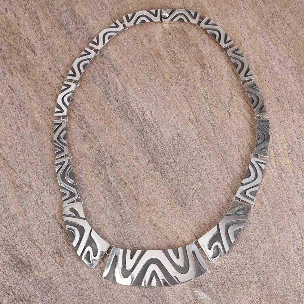 Modern Taxco Sterling Silver Link Necklace from Mexico 'Wavy Labyrinth'