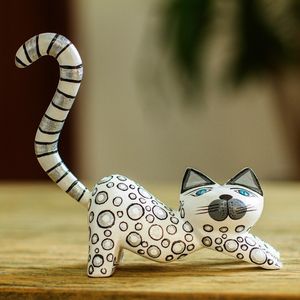 Image for Handcrafted White Wood Alebrije Playful Cat Figurine 'Curiosity Cousin in White'