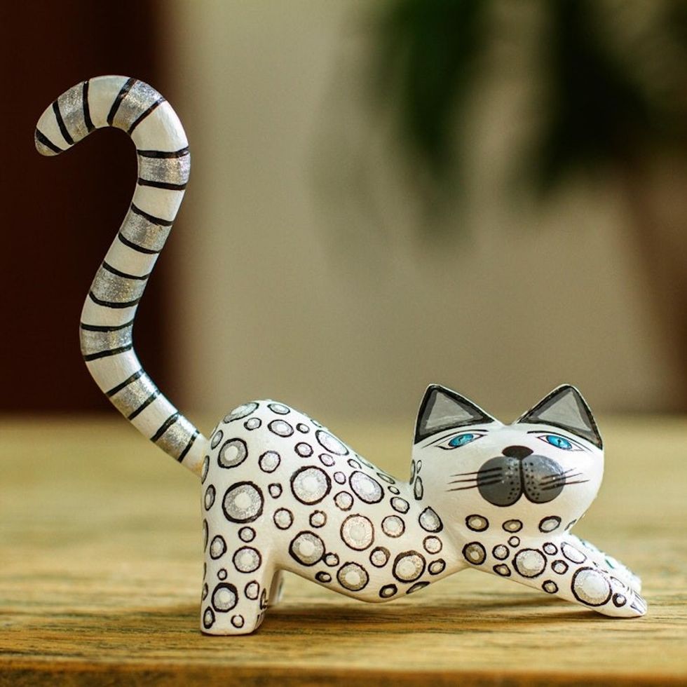 Handcrafted White Wood Alebrije Playful Cat Figurine 'Curiosity Cousin in White'