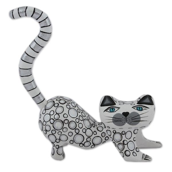 Alternate image for Handcrafted White Wood Alebrije Playful Cat Figurine Curiosity Cousin in White