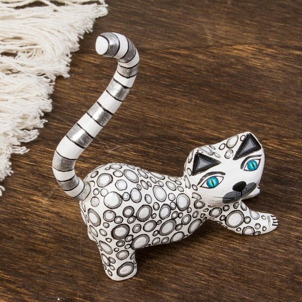 Alternate image for Handcrafted White Wood Alebrije Playful Cat Figurine Curiosity Cousin in White