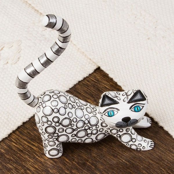 Alternate image for Handcrafted White Wood Alebrije Playful Cat Figurine Curiosity Cousin in White