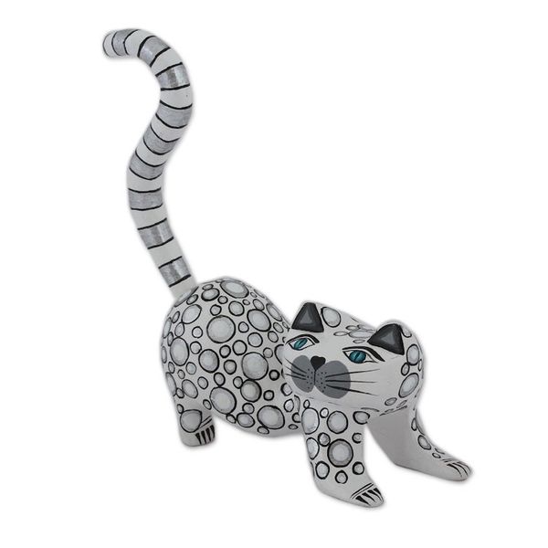 Alternate image for Handcrafted White Wood Alebrije Playful Cat Figurine Curiosity Cousin in White