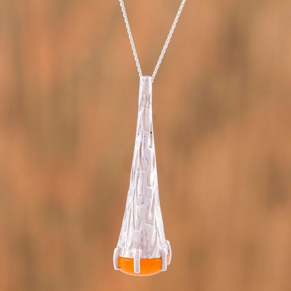 Orange Agate and 925 Silver Pendant Necklace from Mexico 'Orange Snow Cone'