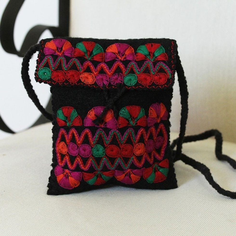 Artisan Crafted Cotton-Embroidered Wool Sling from Mexico 'Sweet Black'