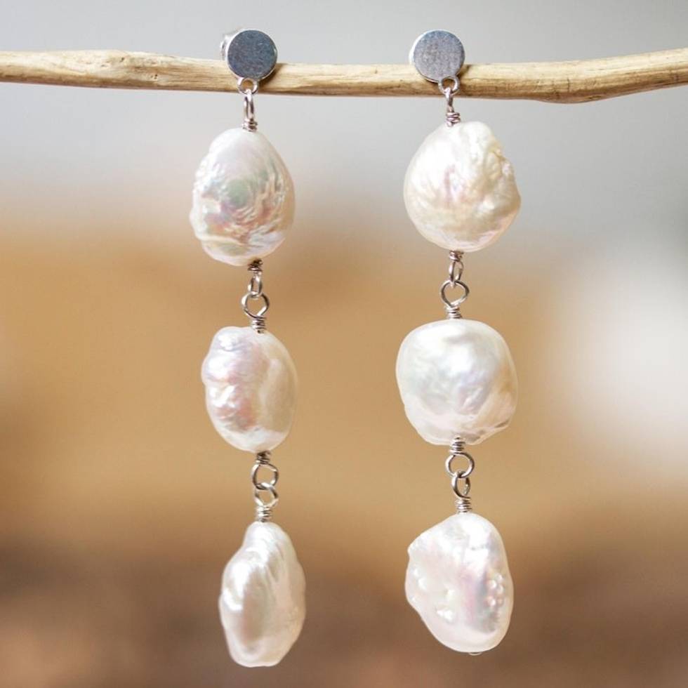 Cultured Pearl Trio and Sterling Silver Dangle Earrings 'Sea Foam Cascade'