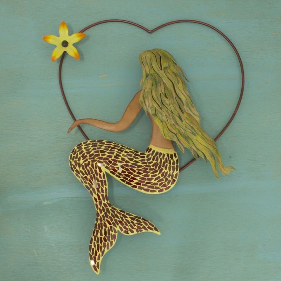 Handmade Iron and Glass Mosaic Mermaid Heart Wall Sculpture 'Mermaid Love'