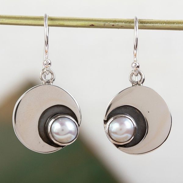 Alternate image for 950 Silver and Pearl Dangle Moon Earrings from Taxco Iridescent Moon