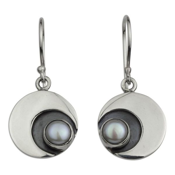 Alternate image for 950 Silver and Pearl Dangle Moon Earrings from Taxco Iridescent Moon