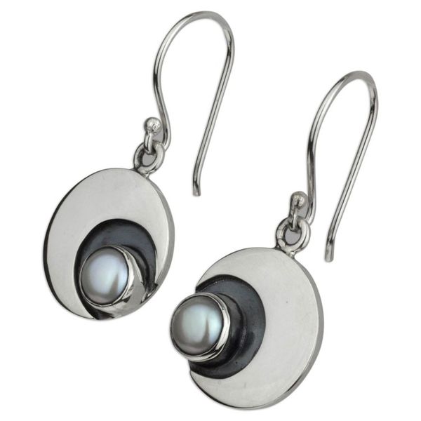 Alternate image for 950 Silver and Pearl Dangle Moon Earrings from Taxco Iridescent Moon