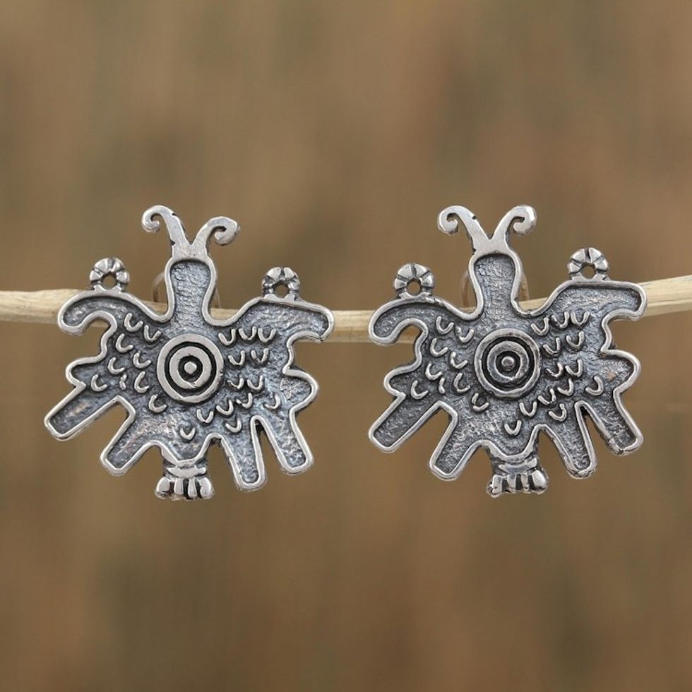 Pre-Hispanic Butterfly Sterling Silver Button Earrings 'Pre-Hispanic Butterflies'