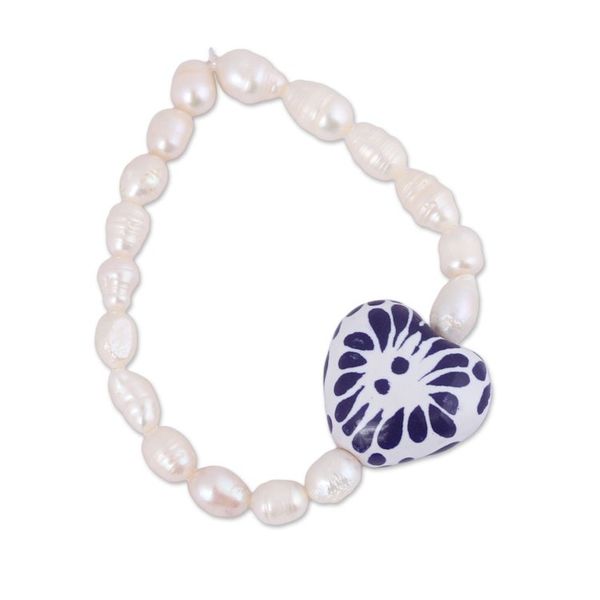 Alternate image for Ceramic and Pearl Heart Beaded Stretch Bracelet from Mexico Ethereal Delight