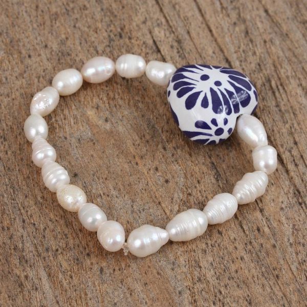 Alternate image for Ceramic and Pearl Heart Beaded Stretch Bracelet from Mexico Ethereal Delight