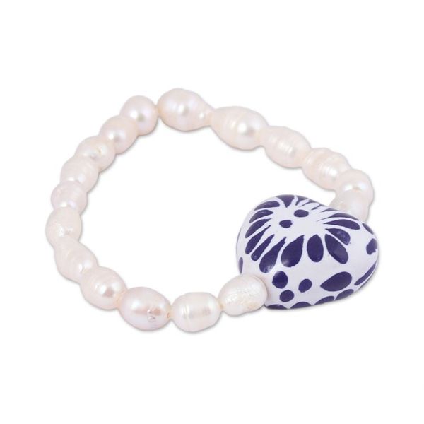 Alternate image for Ceramic and Pearl Heart Beaded Stretch Bracelet from Mexico Ethereal Delight