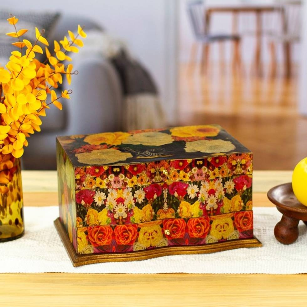 Handcrafted Floral Decoupage Jewelry Box 'Bright Bouquet'
