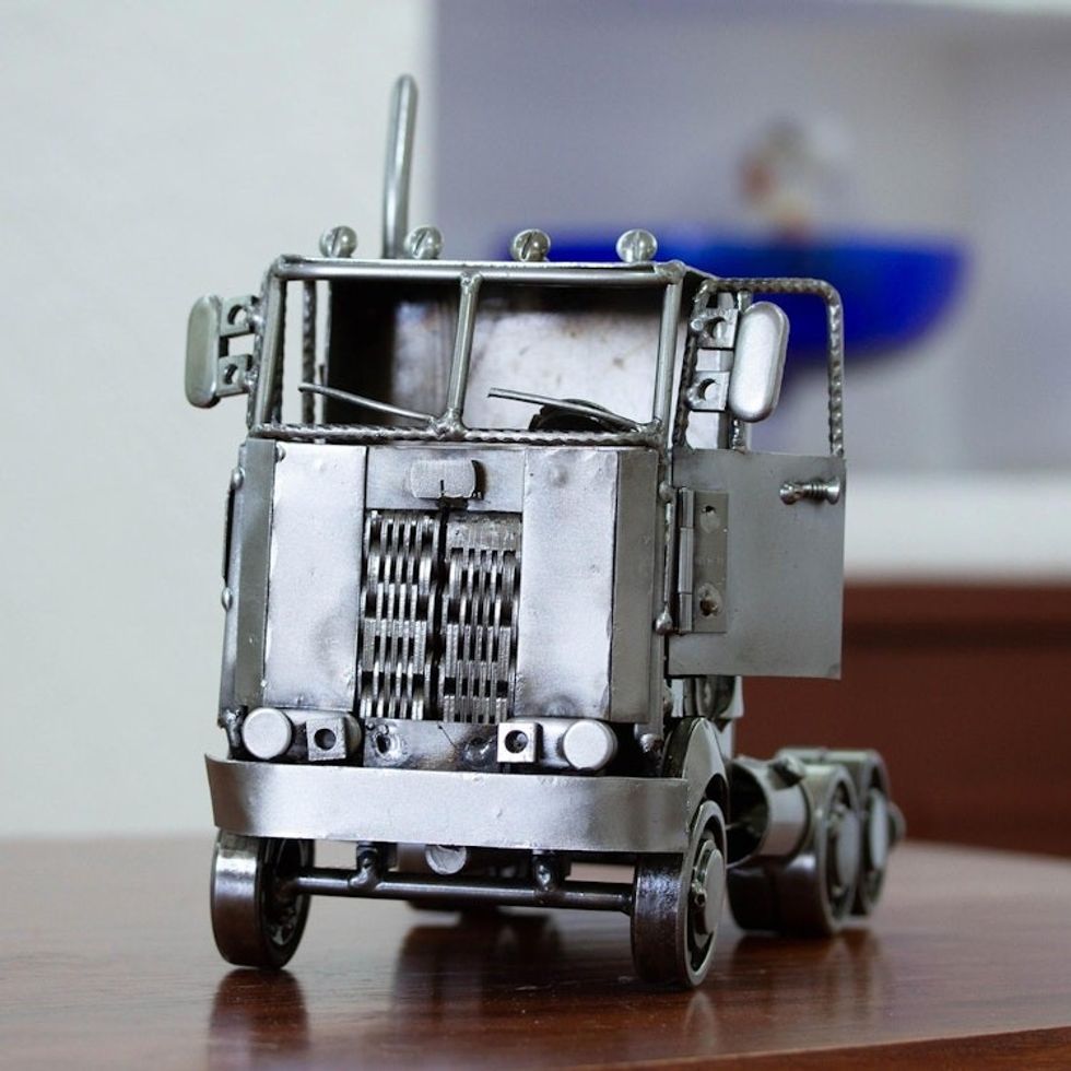 Recycled Metal Rustic Long Haul Truck Sculpture from Mexico 'Rustic Truck Cab'