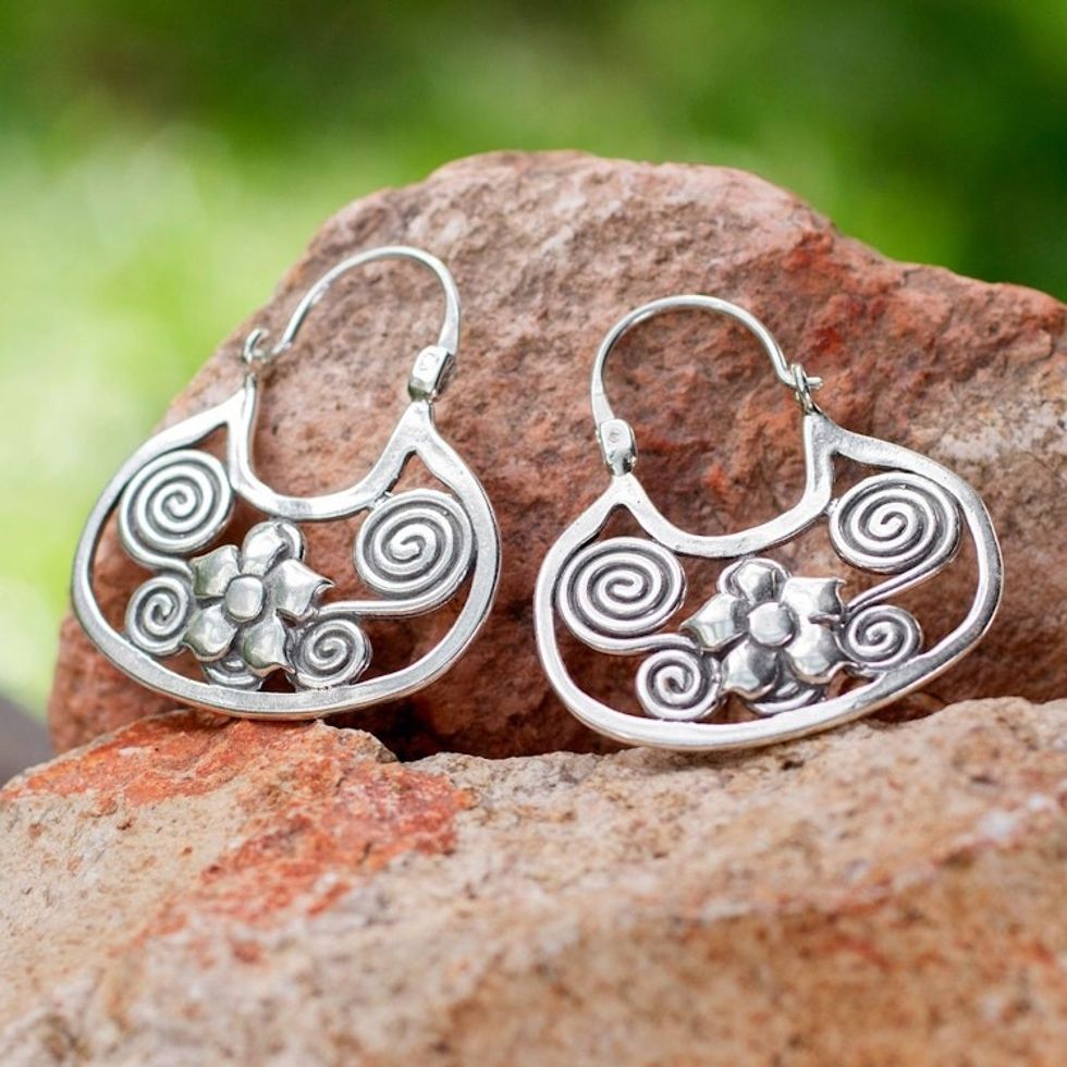Artisan Crafted Sterling Silver Hoop Earrings from Mexico 'Floral Mazahua'